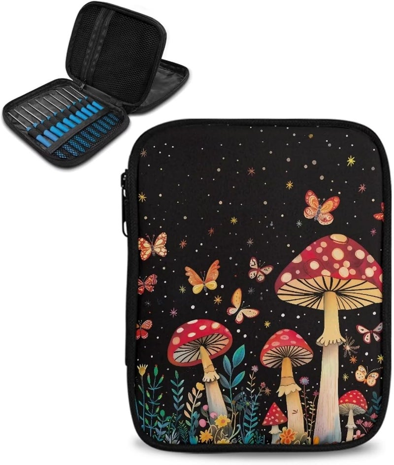 Vanideaoty Store Mushroom Crochet Hook Case with Web Pockets Floral Crochet Storage Organizer with Web Pockets Knitting Needle Case for Hooks, Knitting Needles Supplies - Image 1